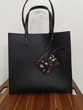 Ted Baker Black Leather Tote with Floral Charm